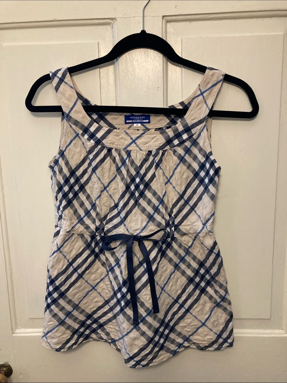 Burberry Blue Label Cream and Blue Plaid Sleeveless Tie-Waist Tank, Size 38